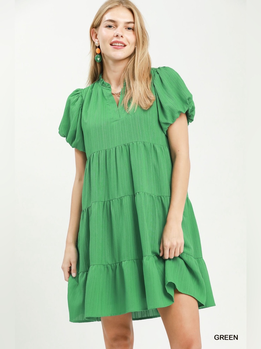Umgee Puff Sleeve Tiered Babydoll Dress
